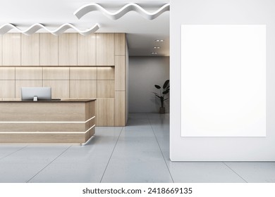 Sleek modern reception desk with wood accents and wave patterned ceiling. 3D Rendering