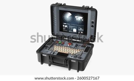 A sleek, portable communication system featuring a control panel with display screen and keyboard, housed in a durable case for on-the-go use.