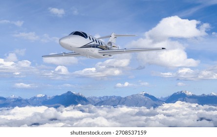 Sleek private jet in 3d Rendering soaring above clouds with distant snowy peaks.