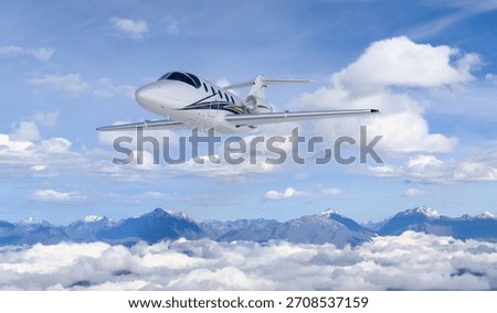 Sleek private jet in 3d Rendering soaring above clouds with distant snowy peaks.
