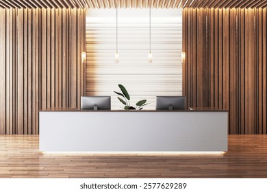 Sleek reception desk with wooden panel design, pendant lighting, plant decor, and spacious background in a clean corporate office setting. 3D Rendering.