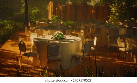 Sleek round tables are elegantly set under soft sunlight, surrounded by lush greenery. Floral centerpieces add a touch of beauty to this inviting outdoor venue, perfect for festivities.