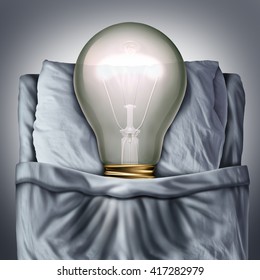 Sleep ideas and sleeping concept as a 3D illustration light bulb resting in bed on a pillow as a business metaphor for creative rest or sleeping solutions.