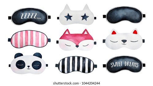 Sleep masks set. Classic black, striped, with sleepy text (zzzzz; sweet dreams), star, animal shaped loungewear; top, above view. Hand painted watercolour drawing on white background, cutout clip art. - Powered by Shutterstock