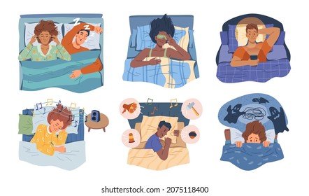 Sleep problems solution flat cartoon set. mental psychological disorders, depression and panic problem. Psychic illnesses, loud music and repair, social networking dependently, insomnia