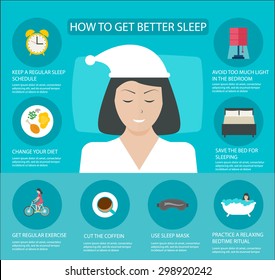 Sleep Time Infographics With Icons Set, Illustration. Infographic How To Get Better Sleep