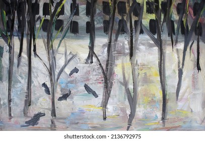 Sleeping area landscape. Crows on snow. Brush strokes bare trees. Contemporary oil painting. Sad picture outdoor.