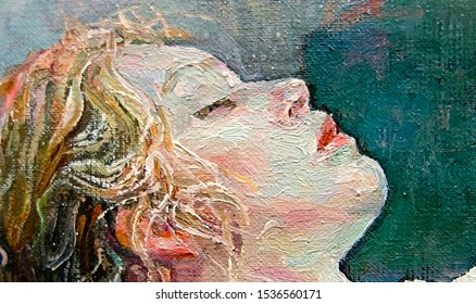 Sleeping Beauty. Young girl with blond hair on a gray-green background. Oil painting on canvas.