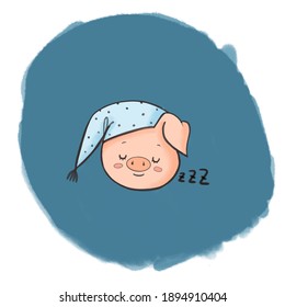 Sleeping Cartoon Pig In A Nightcap