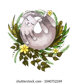 
A Sleeping Cat In Flowers. Children's Book Illustration. The Illustration Is Drawn By Markers