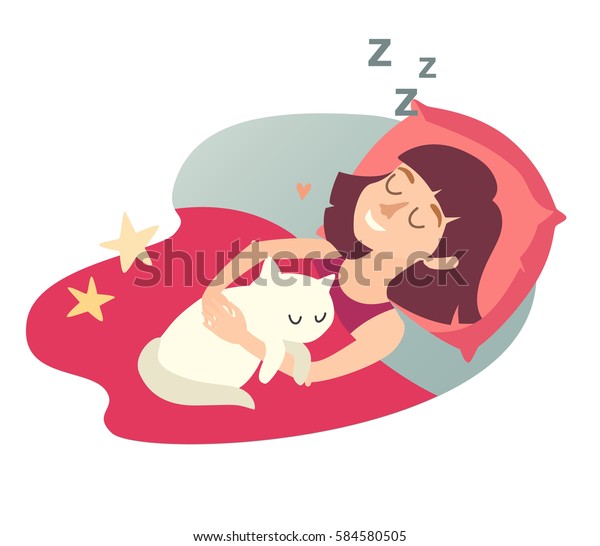 猫と寝ている女の子 漫画の幸せな女性 甘い夢 家で寝て 眠っている猫 白い背景にイラトス フラットステッカー のイラスト素材
