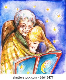 Sleeping Girl's Grandmother Is Reading A Book For Goodnight.Picture I Have Created With Watercolors.