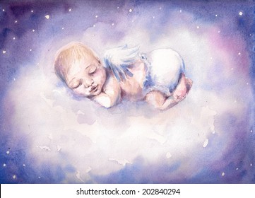 Sleeping Newborn Baby With Angel Wings.Picture Created With Watercolors