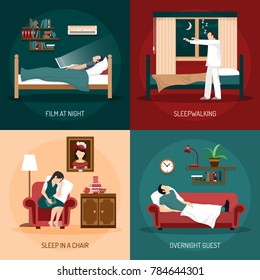 Sleeping Poses Design Concept With Sleepwalking Sleep In Chair Overnight Guest And Film At Night  2x2 Compositions Flat  Illustration  