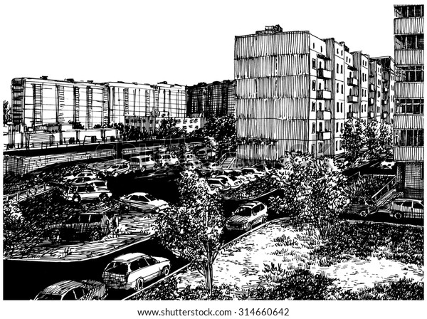 Sleeping quarters\
yard. City view urban scene. Black and white dashed style sketch,\
line art, drawing with pen and ink. Western classical trend of book\
illustration and comic\
art.