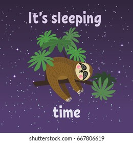 Sleeping sloth on tree branch . Cute cartoon character. Wild jungle animal collection. Baby education. Isolated. Flat design 