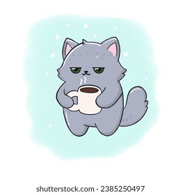 A sleepy and dissatisfied gray fat cat with green eyes holds a cup of coffee in its paws. Blue background. Sticker. Children's illustration. Flat character. - Powered by Shutterstock