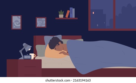 Sleepy Young Man With Insomnia Stress Problem Illustration. Cartoon Restless Tired Male Character Trying To Sleep, Lying In Bed In Dark Home Bedroom, Sleepless Night Without Rest Background