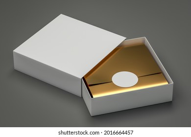 Sleeve drawer box with golden wrapping foil paper mock up. Package blank Sliding drawer white Cardboard Box mockup for corporate branding. Slide elegant gift box. Place for logo 3d render
