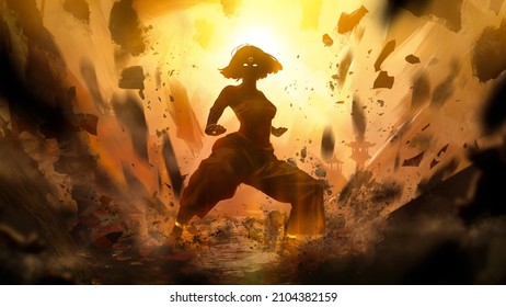 Slender girl kung fu master wielding the power of the elements of the earth, in a low fighting stance mabu She is overwhelmed by the power from which the stones around fly up erasing into dust. 2d art