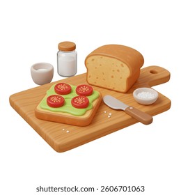 A slice of avocado toast with tomatoes, bread, and salt sit on a wooden board; great for food blogs.
