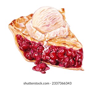 Slice of Cherry Pie with Vanilla Ice Cream Topping - High-Resolution Hand-Drawn Watercolor Illustration