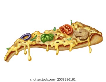 Slice of delicious pizza. Color illustration for the design of a pizzeria, snack bar, restaurant. Printing a box, sign, menu, T-shirt, cap, dishes. High-quality PNG file with a transparent background. - Powered by Shutterstock