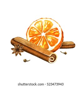 Slice Of Orange, Cinnamon And Star Anise. Watercolor Illustration On A White Background