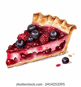 Slice of pie with berries isolated watercolor illustration, berry pie, dessert, traditional cuisine, tasty, pastry, baked - Powered by Shutterstock