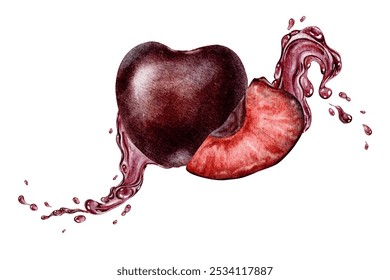 Slice of Sweet Cherry fruit with dynamic liquid red juice and splashes. Cross section of juicy cherry berry. Isolated hand drawn watercolor illustration for menu, packaging of goods, advertisement