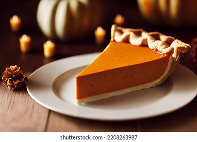 Slice Of A Sweet Homemade Thanksgiving Pumpkin Pie On A Plate, Pinecone On The Table, Traditional Fall Recipe Idea, Food Photography And Illustration