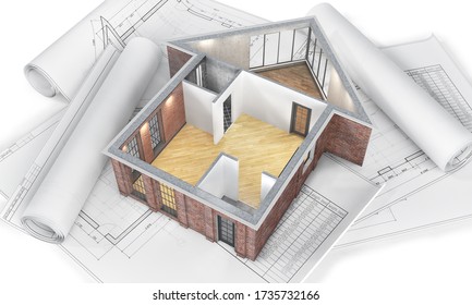 Sliced empty house  in form of house  on a white background with blueprints. 3d illustration