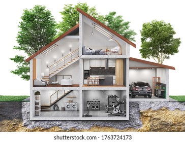 Sliced House  Among A Garden With Many Trees And Internal Content  In Front View. 3d Illustration 