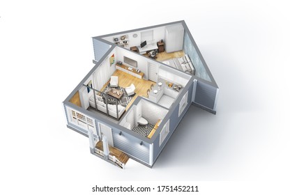 Sliced house with interior in form of house  on a white background. 3d illustration