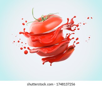 Sliced Tomato With Splashing Of Juice Or Ketchup.3d Rendering.