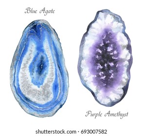 Slices Of Agate And Amethyst. Watercolor Illustration On White. 