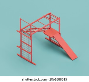 Slide Playgraound. Isometric Red Color Playground Object For Physical And Mental Development Of Children. Monochrome Single Color, 3d Rendering. No People.