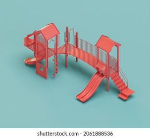 Slide Playgraound. Isometric Red Color Playground Object For Physical And Mental Development Of Children. Monochrome Single Color, 3d Rendering. No People.