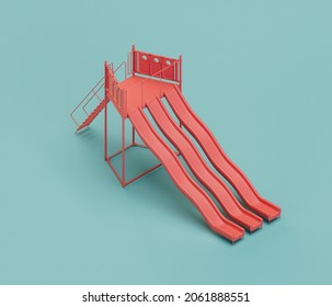 Slide Playgraound. Isometric Red Color Playground Object For Physical And Mental Development Of Children. Monochrome Single Color, 3d Rendering. No People.