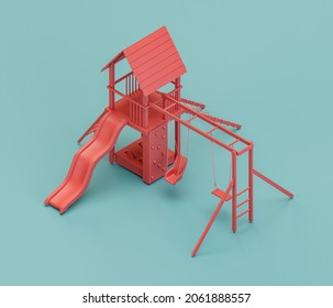 Slide Playgraound. Isometric Red Color Playground Object For Physical And Mental Development Of Children. Monochrome Single Color, 3d Rendering. No People.