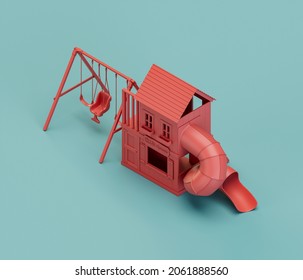 Slide Playgraound. Isometric Red Color Playground Object For Physical And Mental Development Of Children. Monochrome Single Color, 3d Rendering. No People.