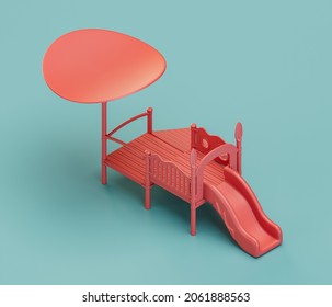 Slide Playgraound. Isometric Red Color Playground Object For Physical And Mental Development Of Children. Monochrome Single Color, 3d Rendering. No People.