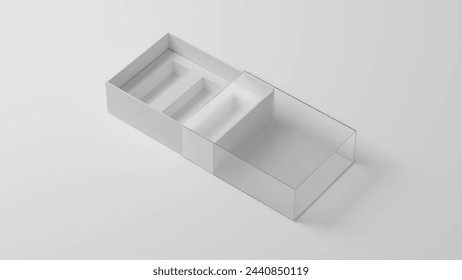 Slide transparent plastic sleeve box mockup, perspective view open empty rigid box, slid-open blank box with inner tray, 3d render of product showcase container mockup, product display branding mockup