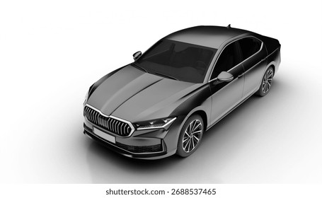 Slight front left view of dark grey colored modern sedan car rendered with a white background