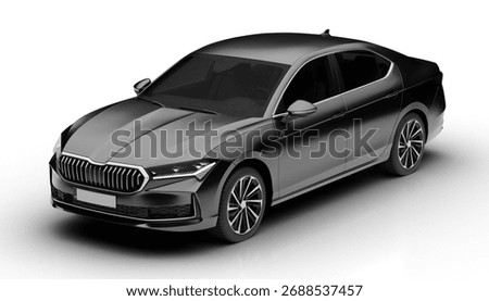 Slight front left view of dark grey modern sedan car rendered with a white background