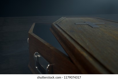 A Slightly Open Empty Wooden Coffin With A Metal Crucifix And Handles On A Dark Ominous Background - 3D Render