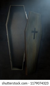 A Slightly Open Empty Wooden Coffin With A Metal Crucifix And Handles On A Dark Ominous Background - 3D Render