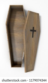 A slightly open empty wooden coffin with a metal crucifix and handles on an isolated white studio background - 3D Render