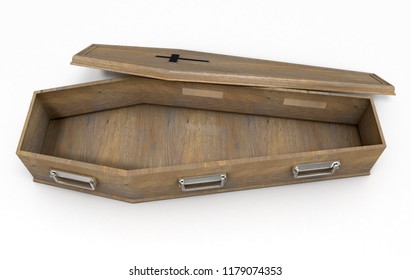 A slightly open empty wooden coffin with a metal crucifix and handles on an isolated white studio background - 3D Render
