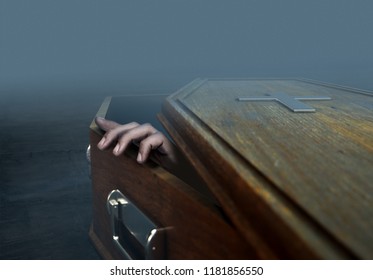 A slightly open empty wooden coffin with a hand reaching out on a dark ominous background - 3D Render